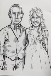 a caricature of a bride and groom