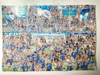 a painting of a soccer team in blue and white